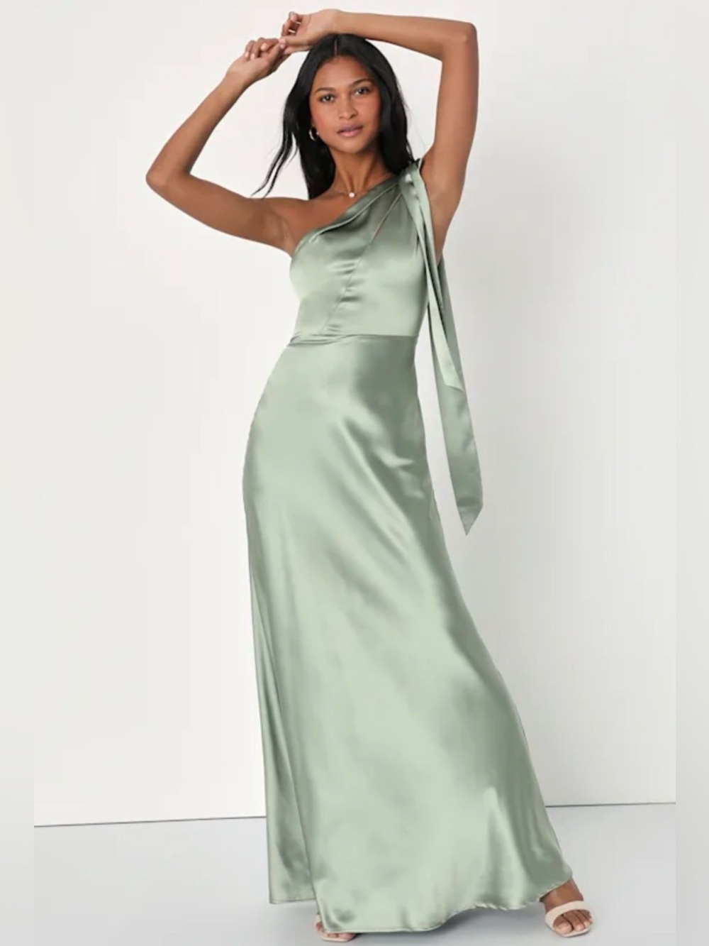 Lulus Lovely Refinement Sage Green Satin Cutout One-Shoulder Maxi Dress Size XS - Picture 1 of 7